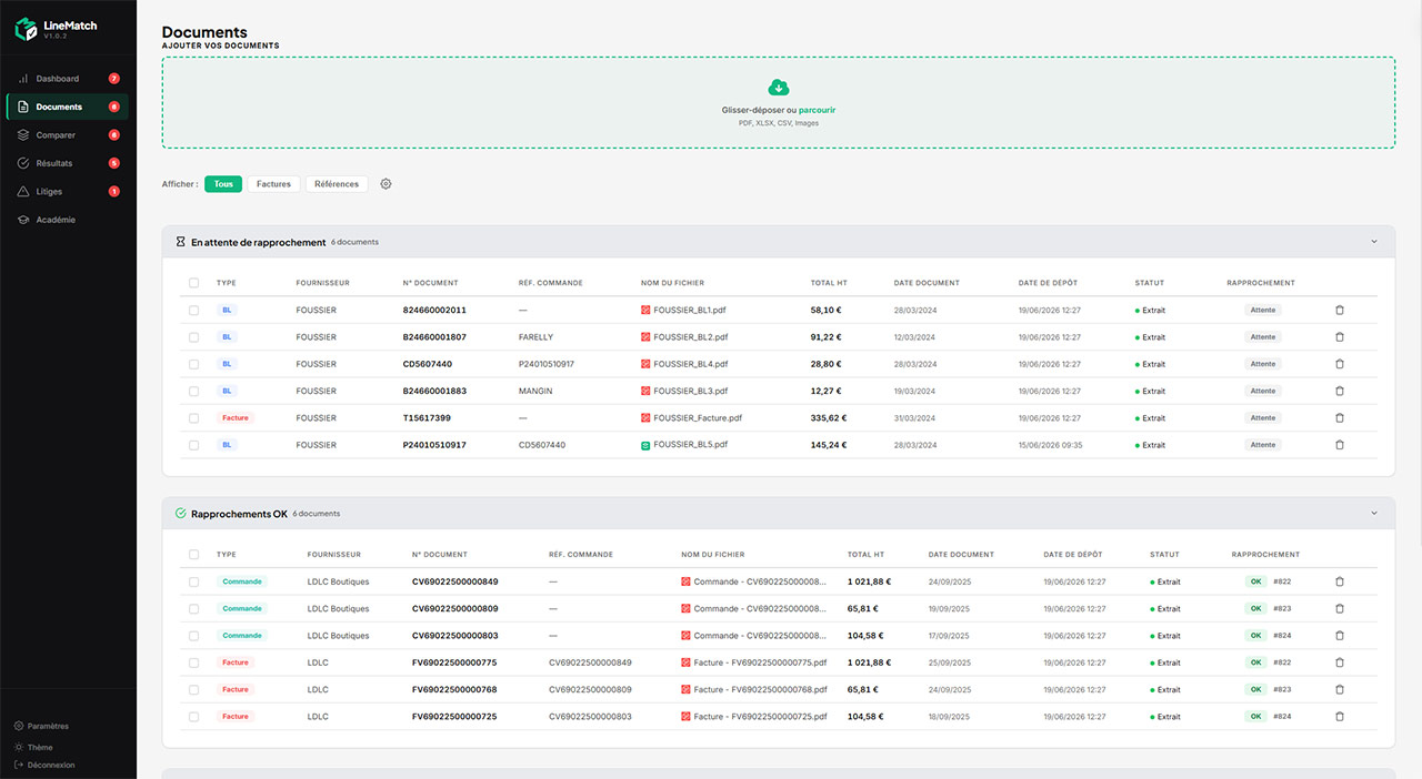 Import des documents dans LineMatch